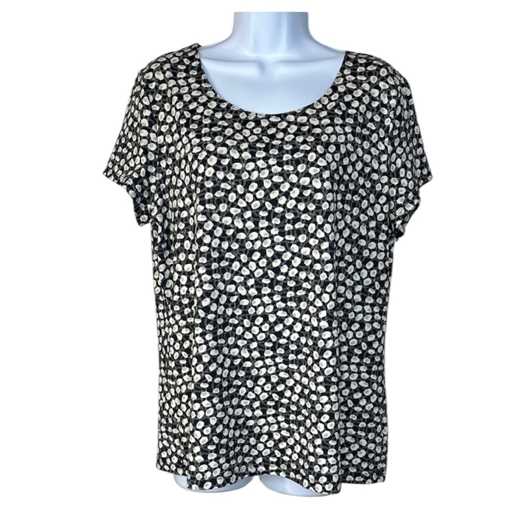 212 Collection Top Short Sleeve Stretch Round Neck Black and Cream Print Large